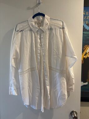 LOFT White Lace-Trim Casual Button-Down Shirt